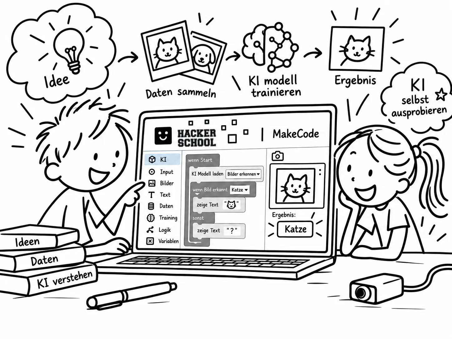 Scribble: Zwei Kinder trainieren am Laptop mit MakeCode ein KI-Modell – von der Idee über Daten sammeln bis zum Ergebnis